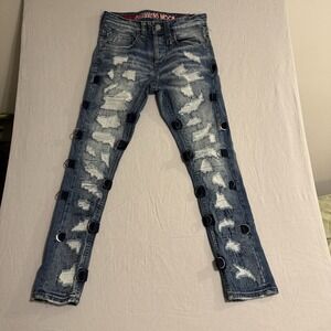 Smugglers Moon Men's Distressed Jeans Patched Buckle Straps Denim Size 30x31